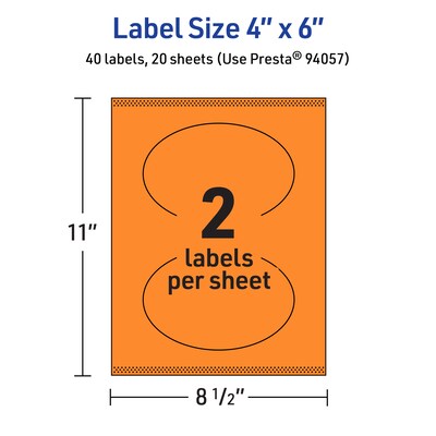 Avery Laser/Inkjet Multipurpose Oval Labels, 4" x 6", Bright Orange, 40/Pack (94057)