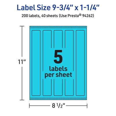 Avery Printable Rectangle Multipurpose Labels, 9.75" x 1.25", Bright Blue, 200/Pack (94262)