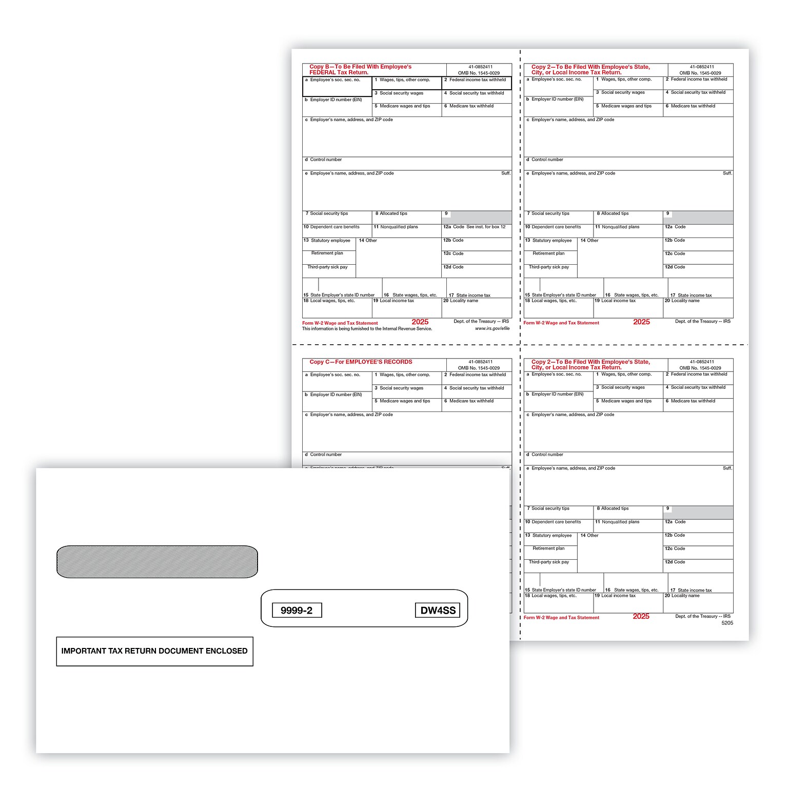 ComplyRight 2025 W-2 Tax Form Envelopes/Recipient Copy Only, 1-Part, 4-Up, Copy B, C, 2 and 2 combined, 25/Pack (5205E25)