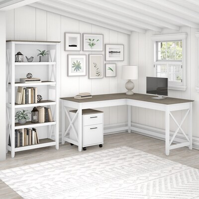 Bush Furniture Key West 60" L-Shaped Desk w 2 Drawer Mobile File Cabinet & 5 Shelf Bookcase, Shiplap Gray/Pure White (KWS016G2W)