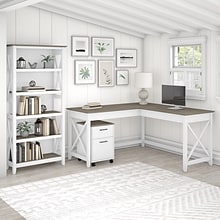 Bush Furniture Key West 60 L-Shaped Desk w 2 Drawer Mobile File Cabinet & 5 Shelf Bookcase, Shiplap
