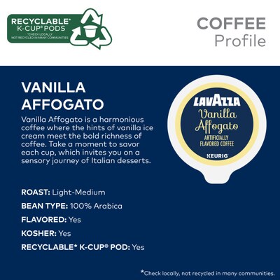 Lavazza Vanilla Affogato Caffeinated Hot & Iced Coffee Keurig K-Cup Pods, Medium Roast, 88/Box (5000384733CT)