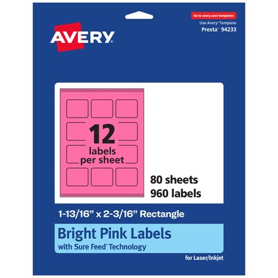 Avery Rectangle Laser/Inkjet Multipurpose Labels, 1-13/16 x 2-3/16, Bright Pink (960/Box)