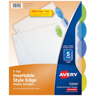 Avery Style Edge Insertable Plastic Dividers, 5 Tabs, Assorted Colors (11200)