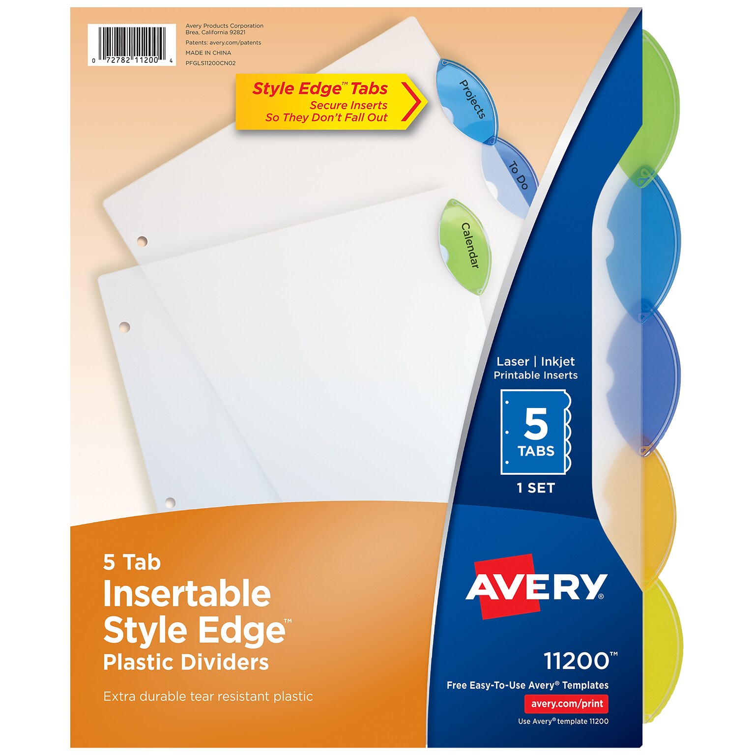 Avery Style Edge Insertable Plastic Dividers, 5 Tabs, Assorted Colors (11200)