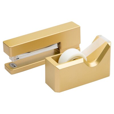 JAM Paper® Office & Desk Sets, 1 Stapler & 1 Tape Dispenser, Gold, 2/Pack (3378go)
