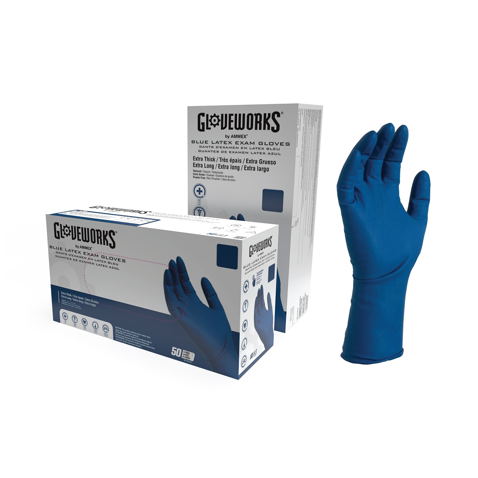 GloveWorks Powder Free Latex Food Safe Exam Gloves, XL, Blue, 50 Gloves/Box, 10 Boxes/Carton (GPLHD88100XX)