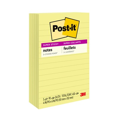 Post-it Super Sticky Notes, Canary Yellow, Lined, 4 in x 6 in , 90 Sheets/Pad, 5 Pads/Pack (660-5SSC