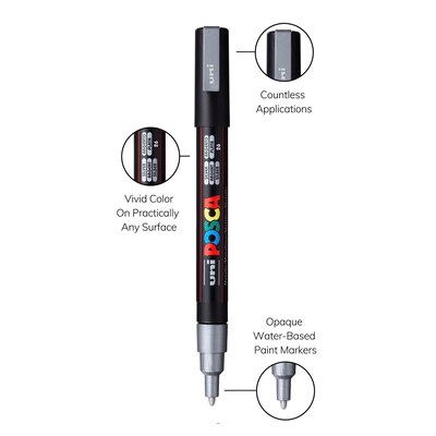POSCA PC-3M Water Based Paint Marker, Fine Bullet Tip, Silver, 3/Pack (UBCPC3MSILVER-3)