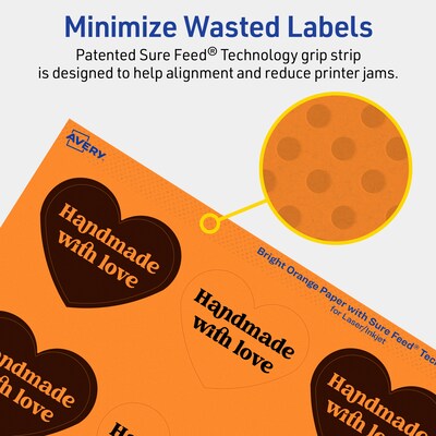 Avery Heart Shaped Multipurpose Labels, 2-9/32" x 1-27/32", Bright Orange, 480/Pack (94603)