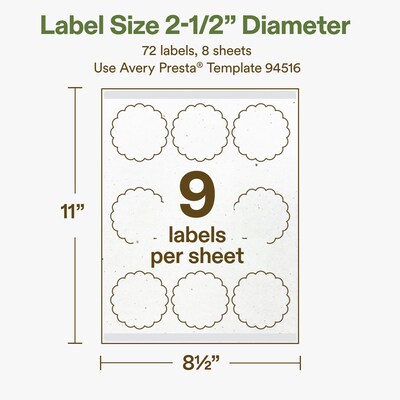 Avery Hemp Round Scalloped Laser/Inkjet Multipurpose Labels, 2.5" Dia, Off-White (72/Pack)