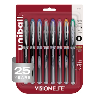 uni-ball Vision Elite Rollerball Pen, Micro Point, 0.5mm, Assorted Ink, 8/Pack (58092PP)