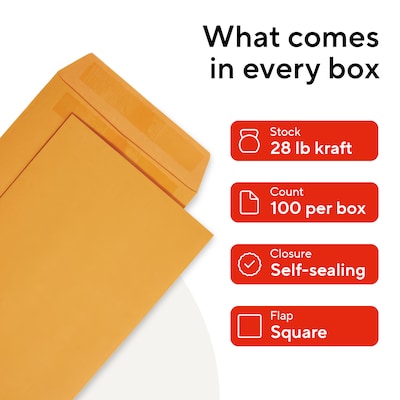 Staples 6 x 9 Self-Sealing Catalog Envelopes, Brown Kraft, Strong Peel & Seal Closure, Heavyweight Mailing Envelopes, 100/Box