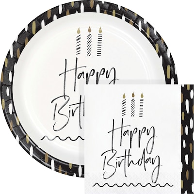 Creative Converting Golden Wishes Birthday Plates and Napkins Kit, Black/Gold, Serves 16 (DTC9506E2G)