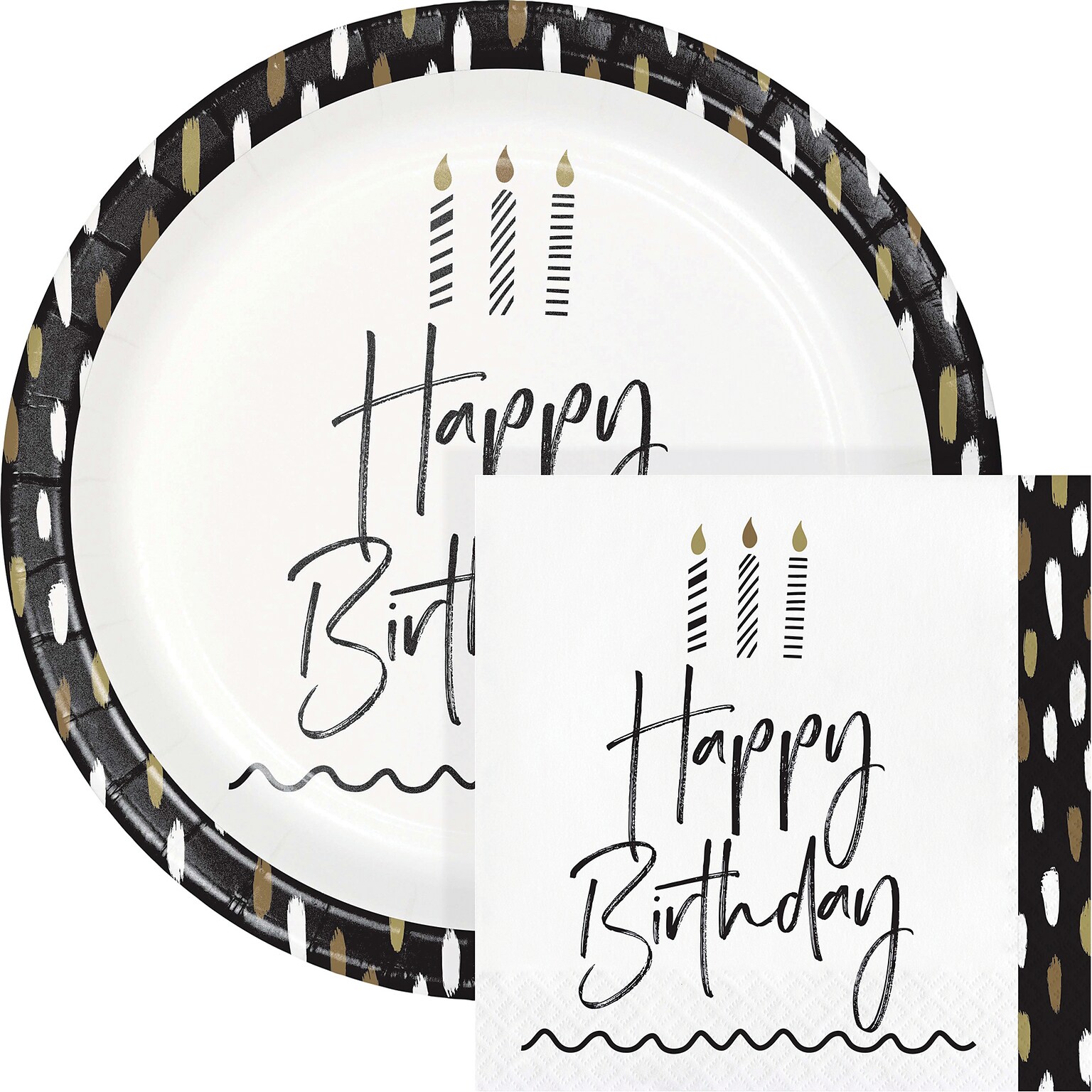 Creative Converting Golden Wishes Birthday Plates and Napkins Kit, Black/Gold, Serves 16 (DTC9506E2G)