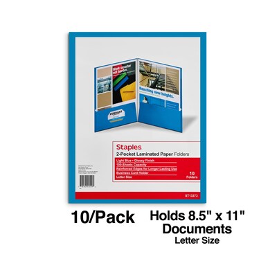 Staples® Two-Pocket Laminated Portfolios, Light Blue, 10/Pack (13373-CC)