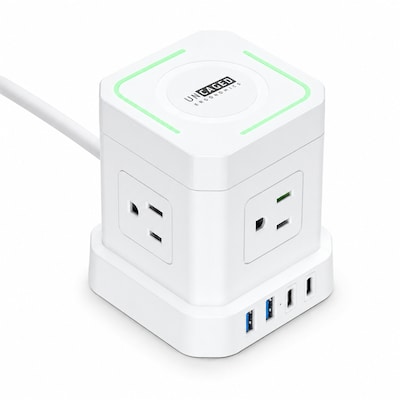 Uncaged Ergonomics Wireless Cube Power Strip with 15W Wireless Charger, 4 AC Outlets, 4 USB Ports, 10 Cord, White (WC-10-W)