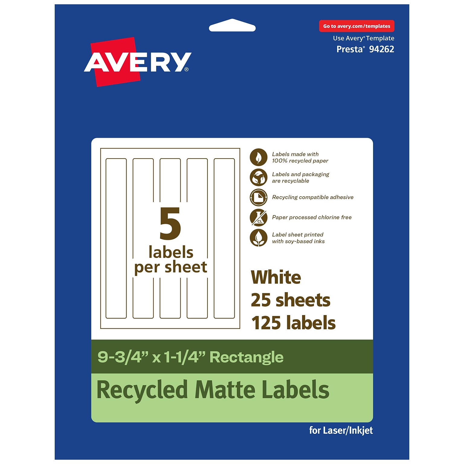 Avery EcoFriendly Laser/Inkjet Rectangle Multipurpose Labels, 9-3/4 x 1-1/4, White, 125/Pack (94262)