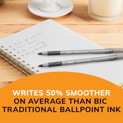 BIC Round Stic Grip Xtra Comfort Ballpoint Pens, Fine Point, 0.8mm, Black Ink, Dozen (GSFG11-BLK)
