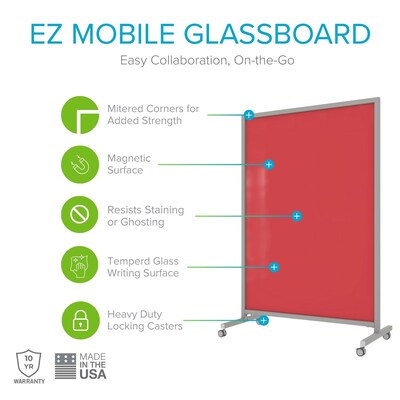 Ghent EZ Magnetic Glass Mobile Dry-Erase Whiteboard, Aluminum Frame, 75H x 50W, Rose (EZ1MA7550RS)