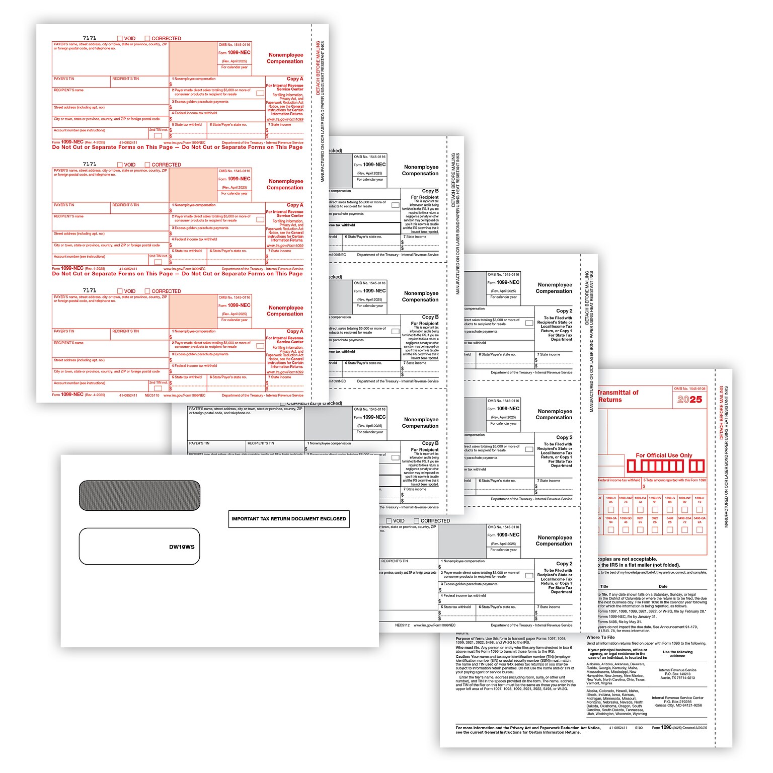 ComplyRight 2025 1099-NEC Tax Form Self-seal envelopes, 4-Part, 3-Up, Copy A, B, C/2, 1096 Transmittal, 25/Pack (NEC6102E25)