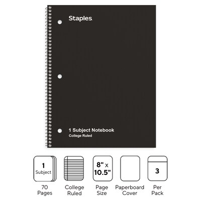 Staples 1-Subject Notebook, 8.5 x 10.5, College Ruled, 70 Sheets, Black, 3/Pack (ST58373)