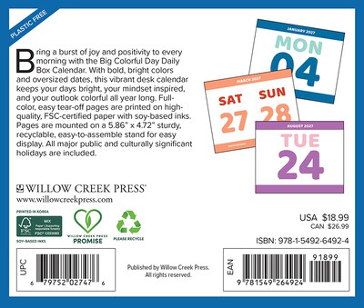 2027 Willow Creek A Big Colorful Day 6.2 x 5.4 Daily Day-to-Day Calendar, Assorted Colors (64924)