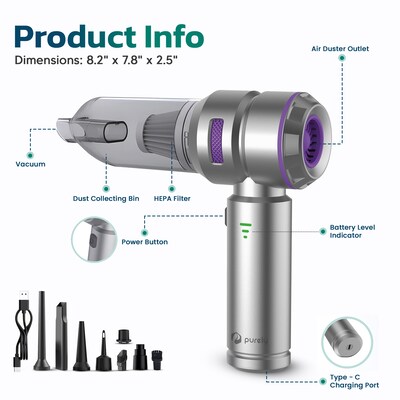Purely C220 Wireless Portable Vacuum Computer Cleaner & Air Duster, Silver (PKBVC220)