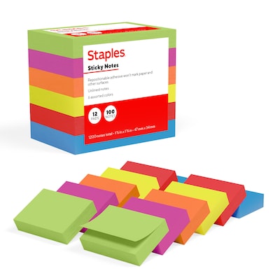 Staples Sticky Notes, 1 3/8 x 1 7/8, Summer Breeze Collection, 100 Sheets/Pad, 12 Pads/Pack (ST62862)