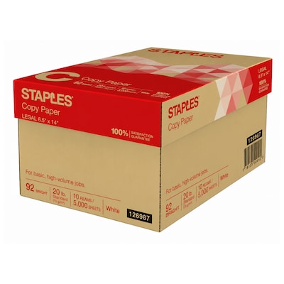 Staples 8.5-Inch x 14-Inch Copy Paper 20 lbs. 92 Brightness 500/Ream 10 Reams/Count