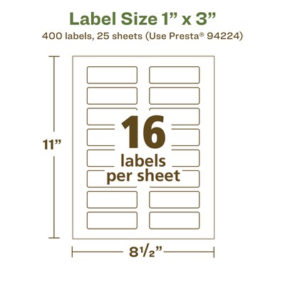 Avery EcoFriendly Laser/Inkjet Rectangle Multipurpose Labels, 1" x 3", White, 400/Pack (94224)