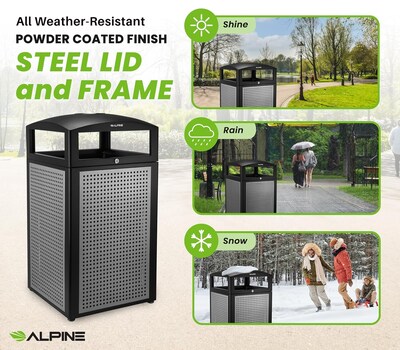 Alpine Industries Steel Outdoor Commercial Trash Can with Ashtray Lid, 40 Gallon, Silver (472-40-SIL)
