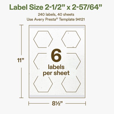 Avery Hemp Hexagon Laser/Inkjet Multipurpose Labels, 2-1/2" x 2-57/64", Off-White (240/Box)