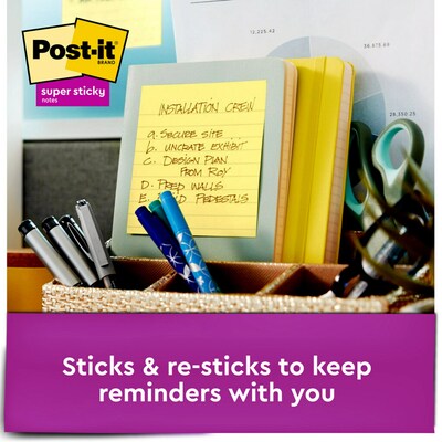 Post-it Super Sticky Notes, 4 x 4 in., 6 Pads, 90 Sheets/Pad, Lined, The Original Post-it Note, Canary Yellow