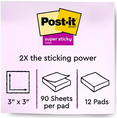Post-it Super Sticky Notes, 3" x 3", Canary Collection, 90 Sheet/Pad, 12 Pads/Pack (65412SSCY)