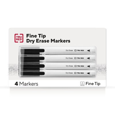 TRU RED™ Dry Erase Markers, Fine Tip, Black, 4/Pack (TR61460/TR54560)