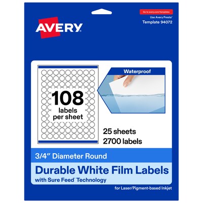 Avery Round Laser/Inkjet Multipurpose Labels, White, 108 Labels/Sheet, 25 Sheets/Pack (19479311240)