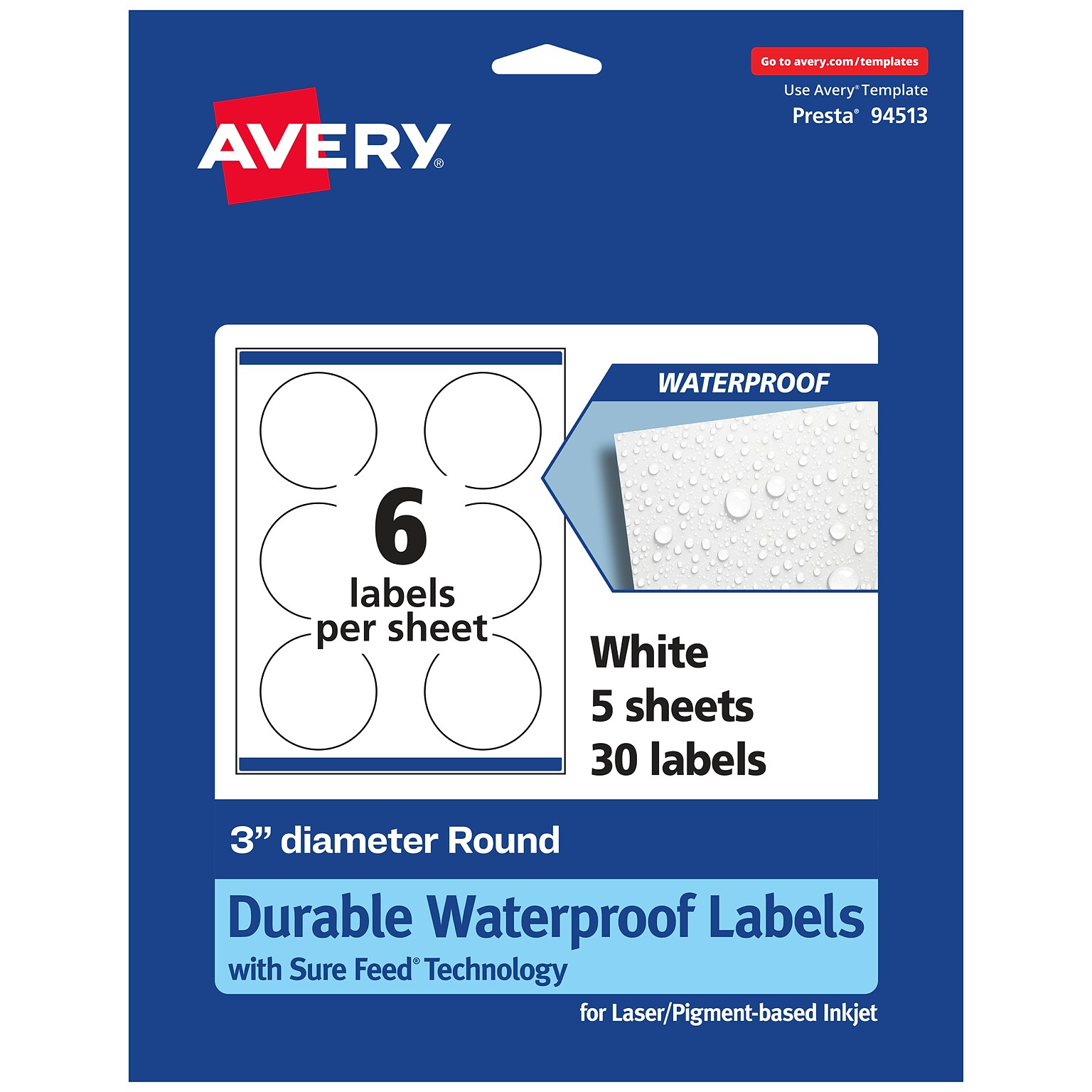 Avery Laser/Inkjet Round Multipurpose Labels, 3 Dia., White, 30 Labels/Pack (94513)