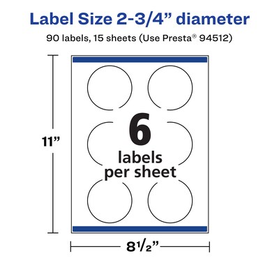 Avery Laser/Inkjet Circle Multipurpose Labels, 2.75" Dia., White, 90 Labels/Pack (94512)