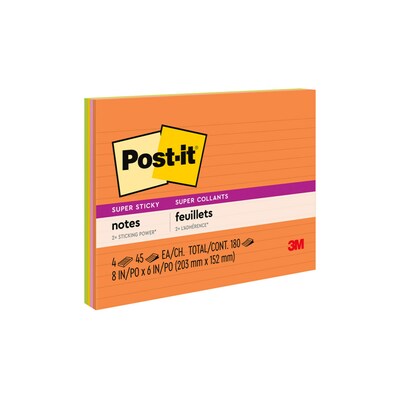 Post-it® Super Sticky Notes, 8 x 6, Energy Boost Collection, Lined, 45 Sheets/Pad, 4 Pads/Pack (68