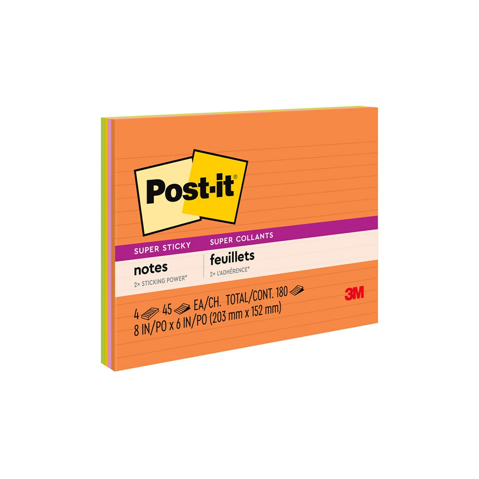 Post-it Super Sticky Notes, 8 x 6, Energy Boost Collection, Lined, 45 Sheet/Pad, 4 Pads/Pack (6845-SSPL)