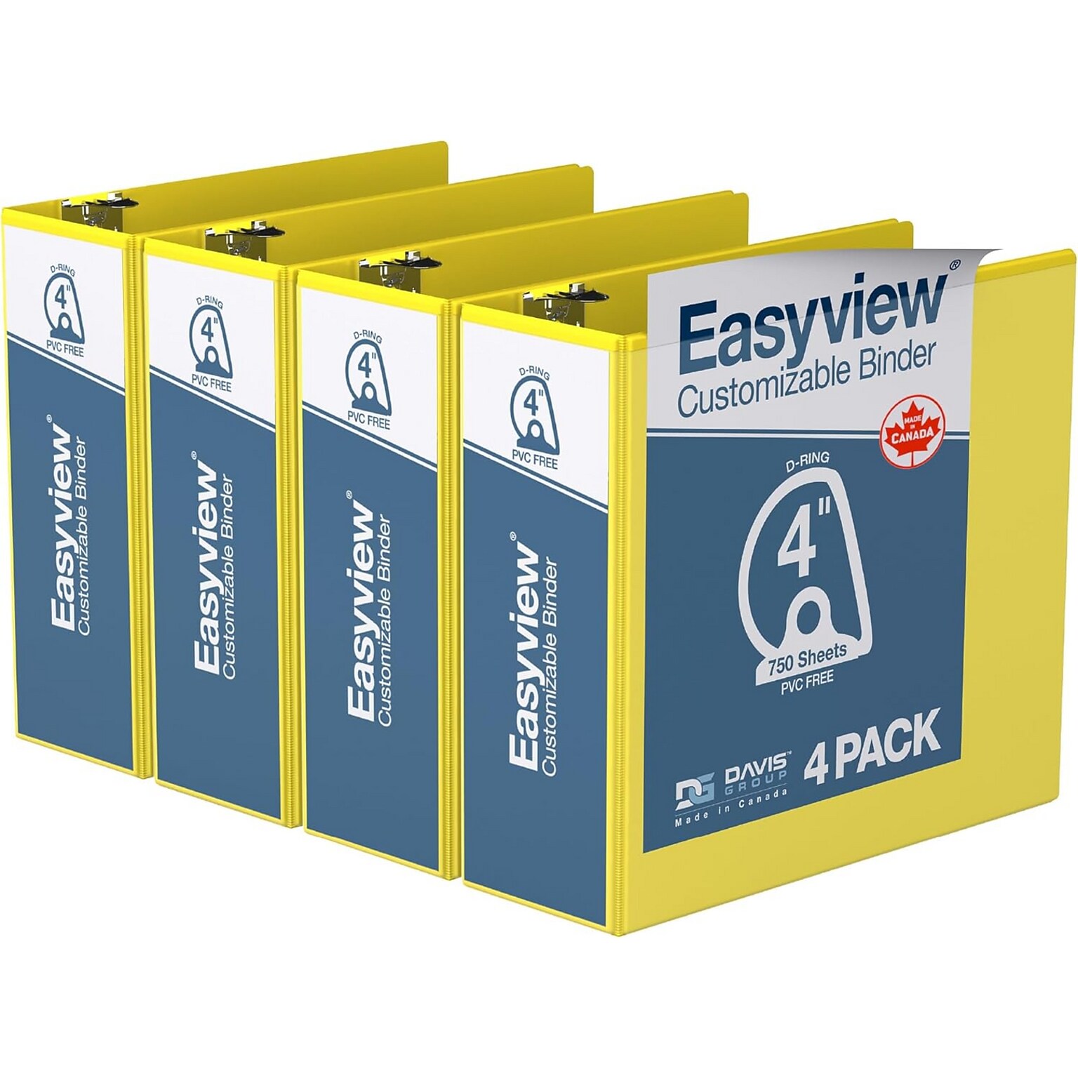 Davis Group Easyview Premium 4 Angle D Ring, Customizable, View Binder, Yellow, 4/Pack (8406-05)