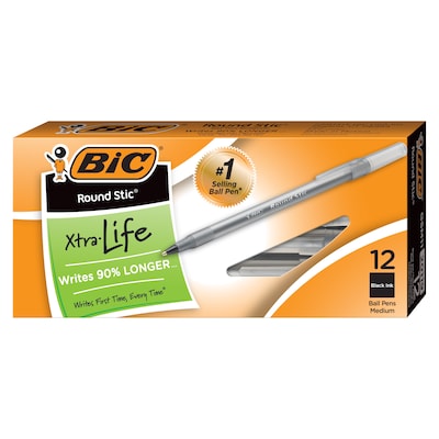BIC Round Stic Xtra-Life Ballpoint Pen, Medium Point, 1.0mm, Black Ink, Dozen (GSM11BK) | Quill