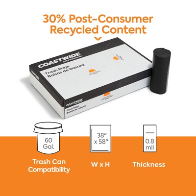 Coastwide Professional™ 60 Gallon Trash Bag with 30% PCR, 38" x 58", Low Density, 0.8 mil, Black, 100 Bags/Box (CW62425)