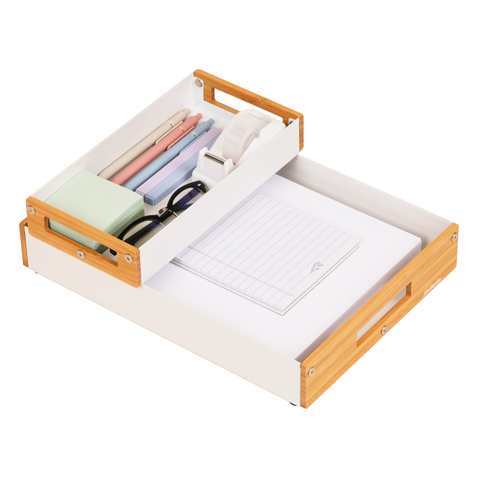 Mind Reader 2-Compartment Metal/Wood Tiered Desktop Organizer Trays, White (2TRAY-WHT)