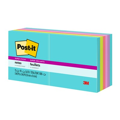 Post-it® Super Sticky Notes, 3" x 3", Supernova Neons, 90 Sheets/Pad, 12 Pads/Pack (654-12SSMIA)