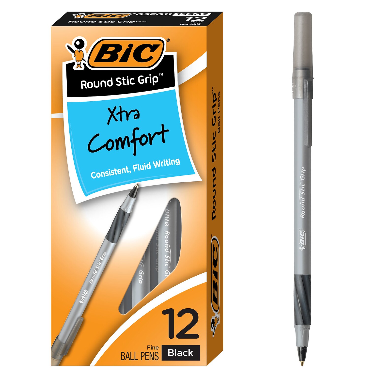 BIC Round Stic Grip Xtra Comfort Ballpoint Pens, Fine Point, 0.8mm, Black Ink, Dozen (13902)