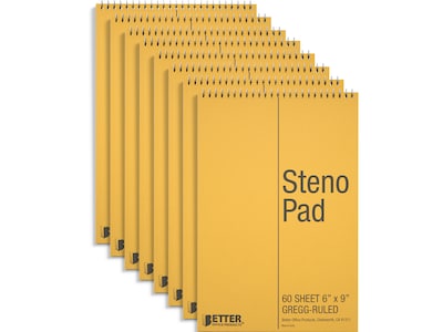 Better Office Steno Pad, 6 x 9, Gregg-Ruled, Yellow, 60 Sheets/Pad, 8 Pads/Pack (25808-8PK)