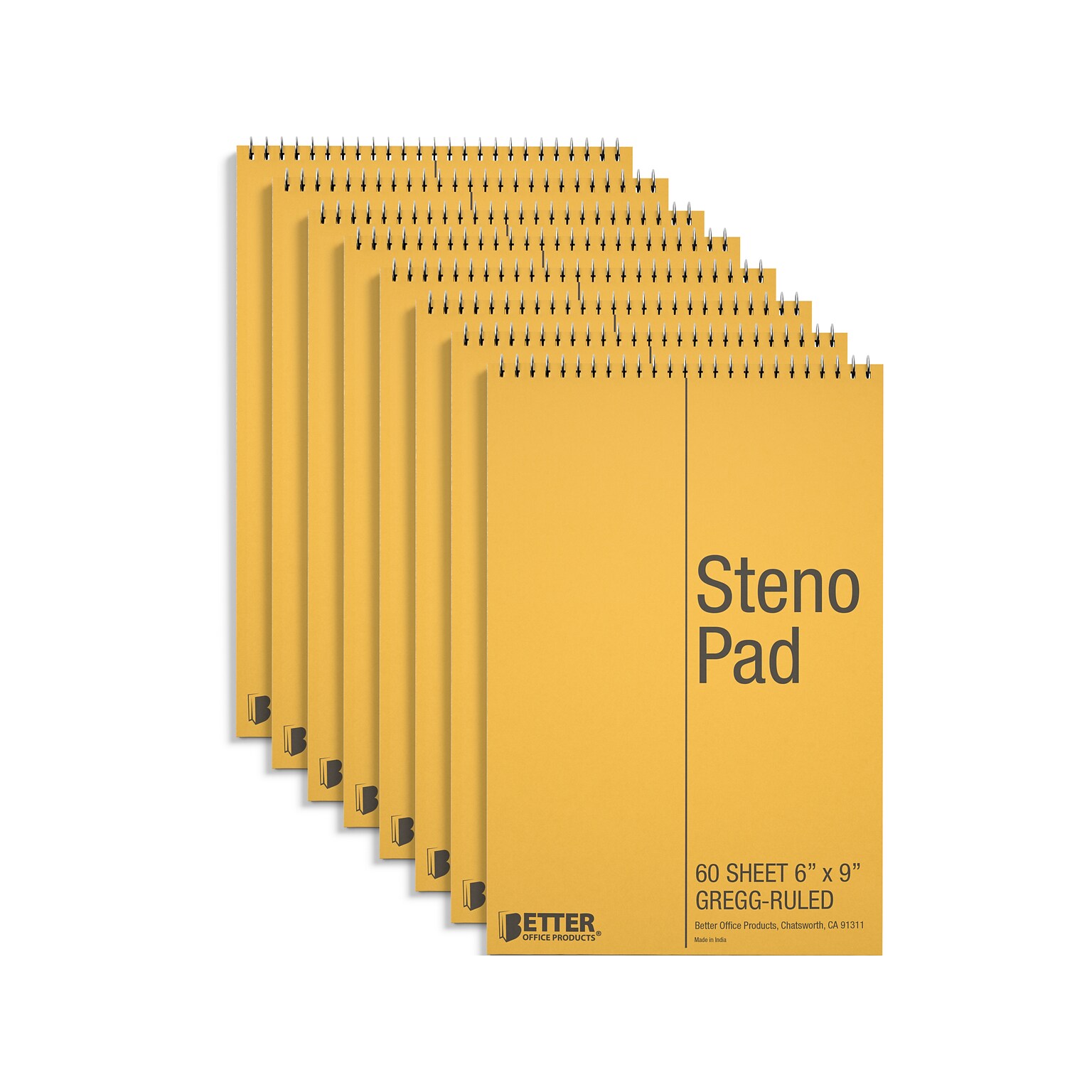 Better Office Steno Pad, 6 x 9, Gregg-Ruled, Yellow, 60 Sheets/Pad, 8 Pads/Pack (25808-8PK)