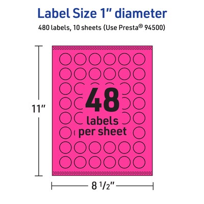 Avery Laser/Inkjet Round Multipurpose Labels, 1" Dia., Neon Magenta, 480/Pack (94500)
